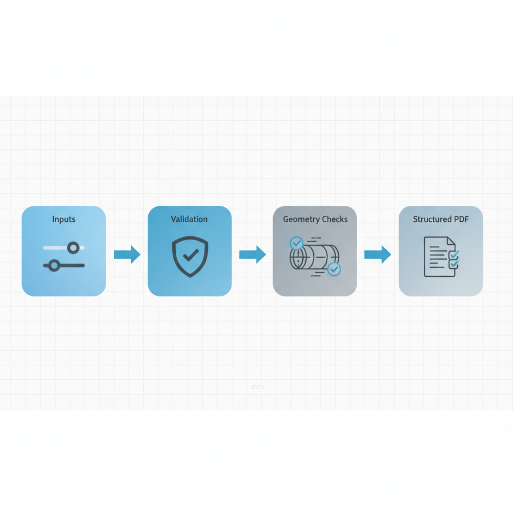 Modern PV Cloud workflow: Inputs → Validation → Geometry Checks → Structured PDF.